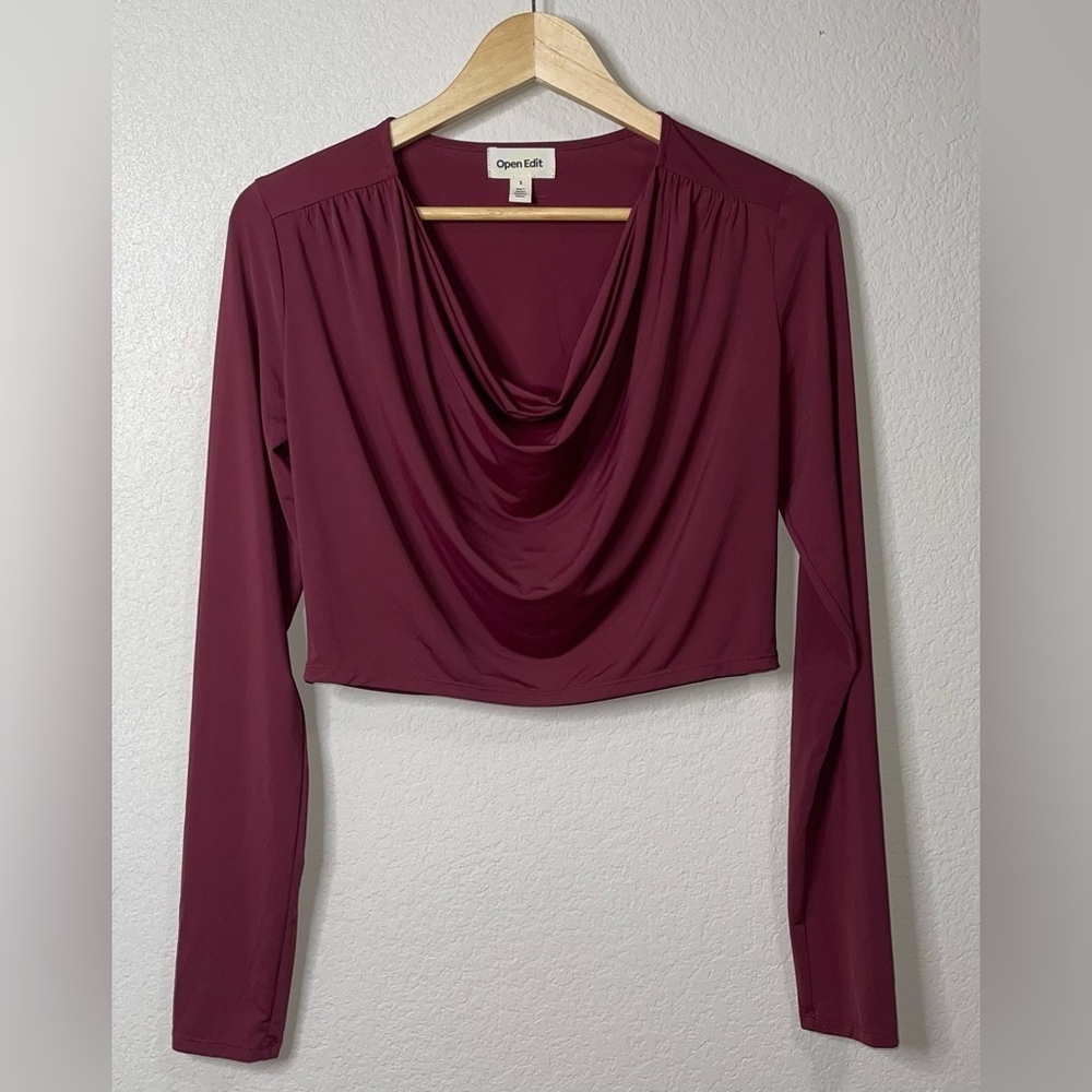 Open Edit Cowl Neck Long Sleeve Crop Top Size Small Burgundy London NWOT - Picture 2 of 7